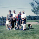 Grandma and Grandpa Crum (Oren and Margaret) visited us on Dad's (Walter's) 35th birthday, June 20, 1961. Mom (Joyce) is with Dad. In front are all 4 siblings: Pat, Mark, David, and Joe (with trusty Daisy BB rifle). The beagle is Lucky.